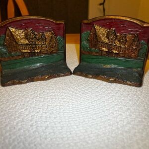 Pair Antique 1925 Brass Bookends Shakepeare’s House Stratford Hathaway’s Cottage